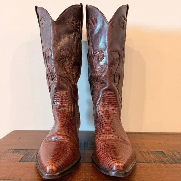 Nine West Vintage Brown Lizard Embossed Leather Cowboy Boots - Size 8 Women's